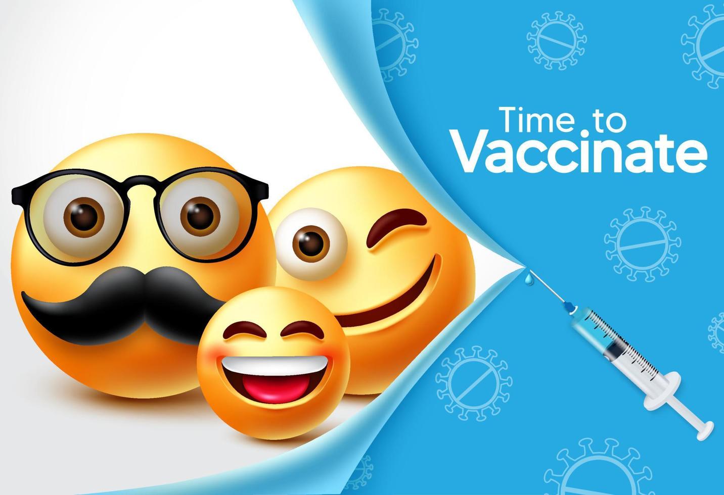 Diseño de banner de vector de vacuna de personajes emoji. Es hora de vacunar el texto con el carácter familiar de emojis 3d y el elemento de jeringa para el diseño de prevención y vacunación covid-19. ilustración vectorial
