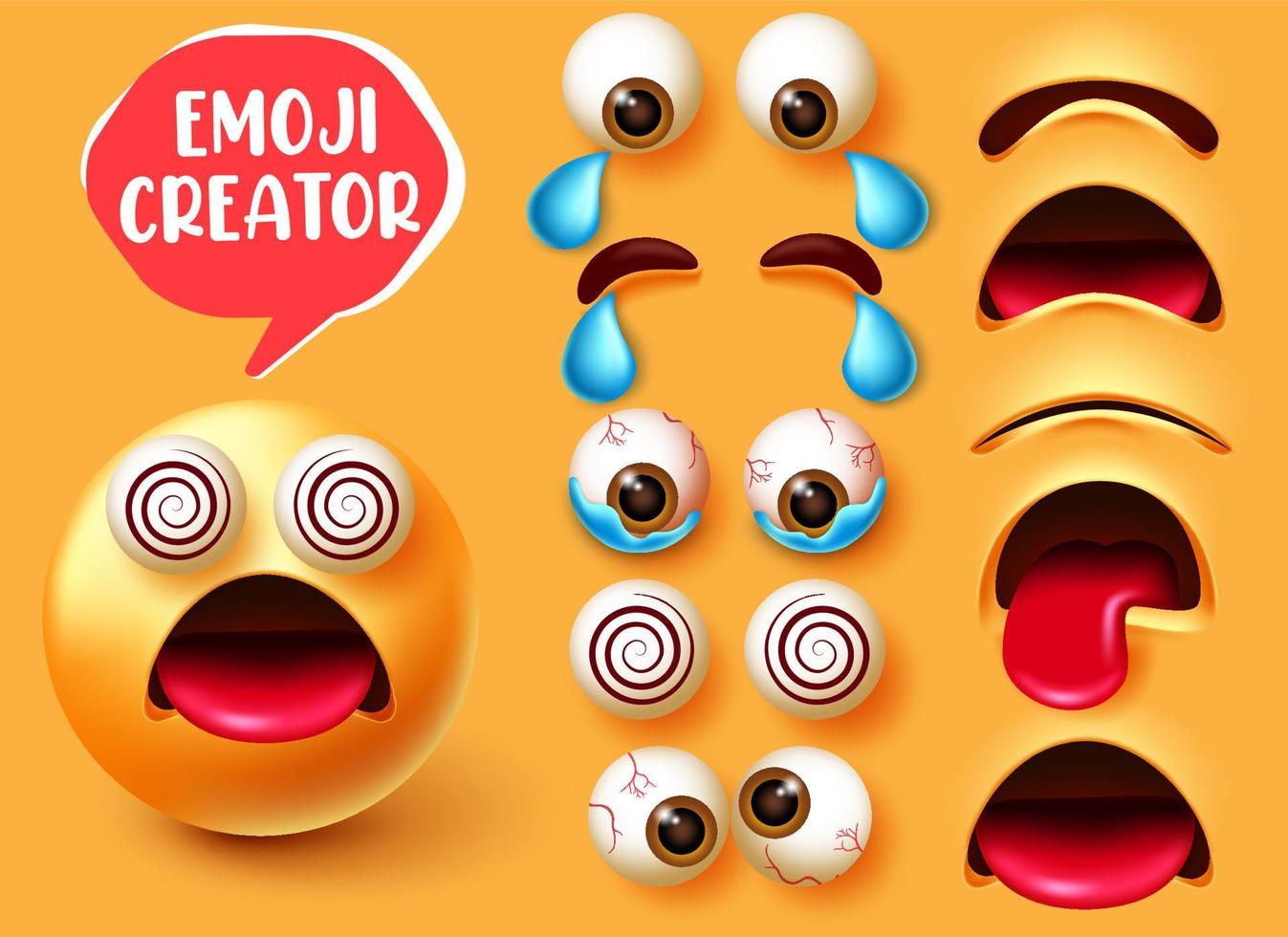 diseño de conjunto de vectores de creador de emoji. Emoticon personaje 3d en expresión facial vertiginosa con elementos faciales editables como ojos y boca para el diseño de creación de emojis. ilustración vectorial