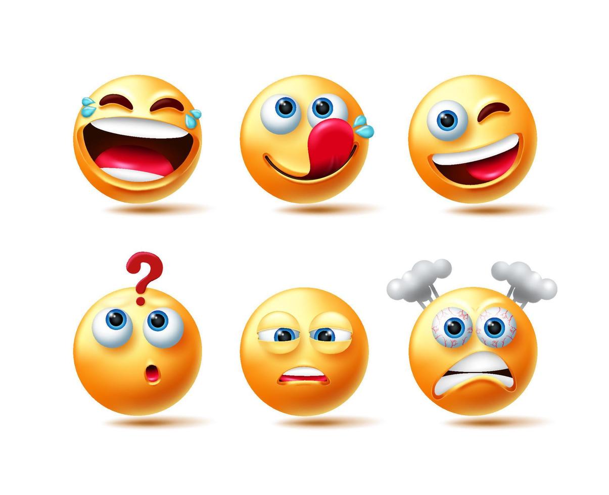 Emoticon character vector set. Emoticons 3d characters in laughing, thinking and yummy expressions for emoticons avatar emotion collection design. Vector illustration