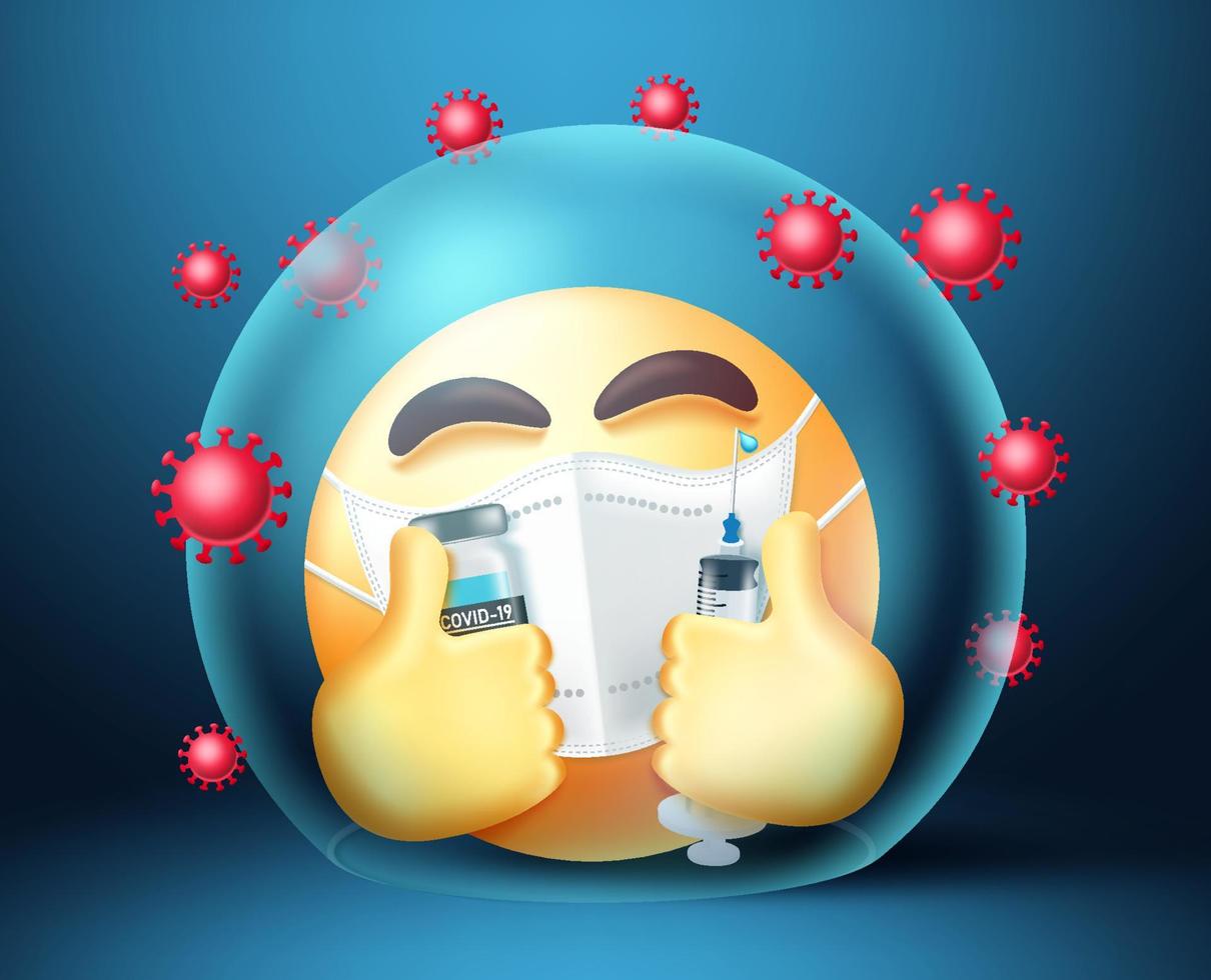 Emoji covid-19 vaccine vector design. Emojis 3d vaccinated character with shield protection element in safe and happy expressions for coronavirus vaccination emoticon health campaign.