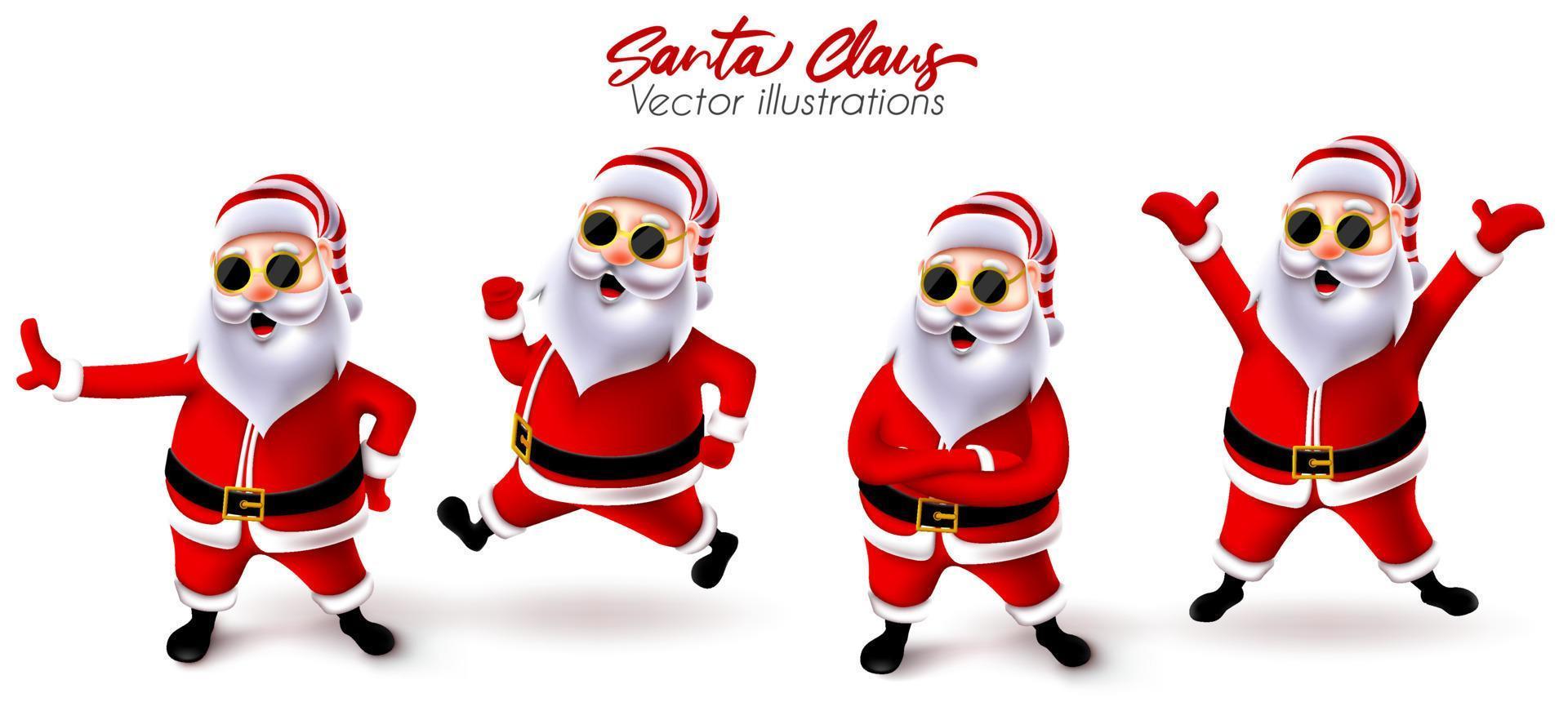 conjunto de vectores de caracteres navideños de santa claus. personajes 3d de santa claus con gafas de sol en correr, saltar, pose alegre y alegre y gestos para el diseño de Navidad. ilustración vectorial.