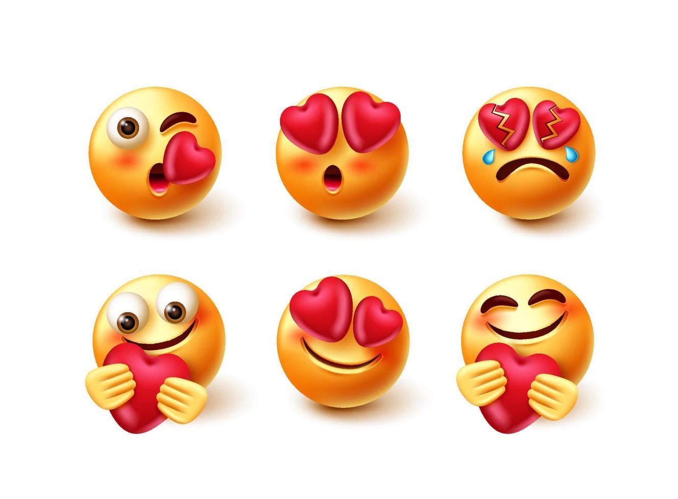 emoticon amor conjunto de caracteres vectoriales. Enamorados Personajes emoji 3d con expresiones como beso, llorando y sosteniendo un corazón para el amor y el cuidado del diseño de la colección de emojis lindos. ilustración vectorial vector