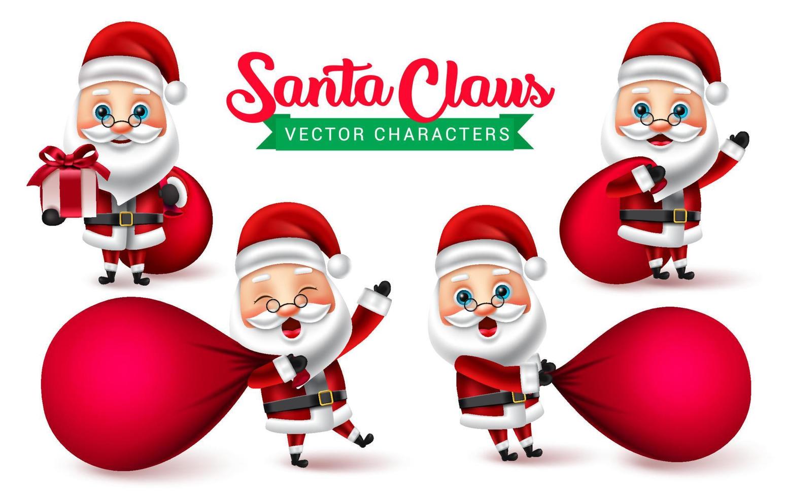 Santa claus vector characters set. Santa claus characters in pulling and holding sack bag of kids gift for xmas holiday celebration collection element design. Vector illustration.