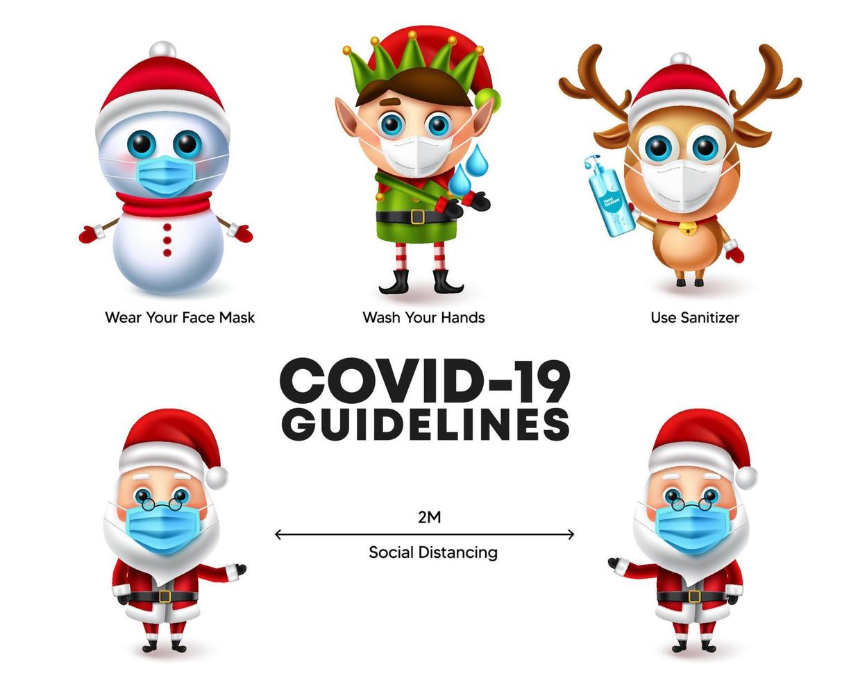 conjunto de vectores de caracteres navideños. personajes navideños con mascarilla para la campaña de directrices covid-19 para el nuevo diseño de colección de elementos navideños normales. ilustración vectorial.