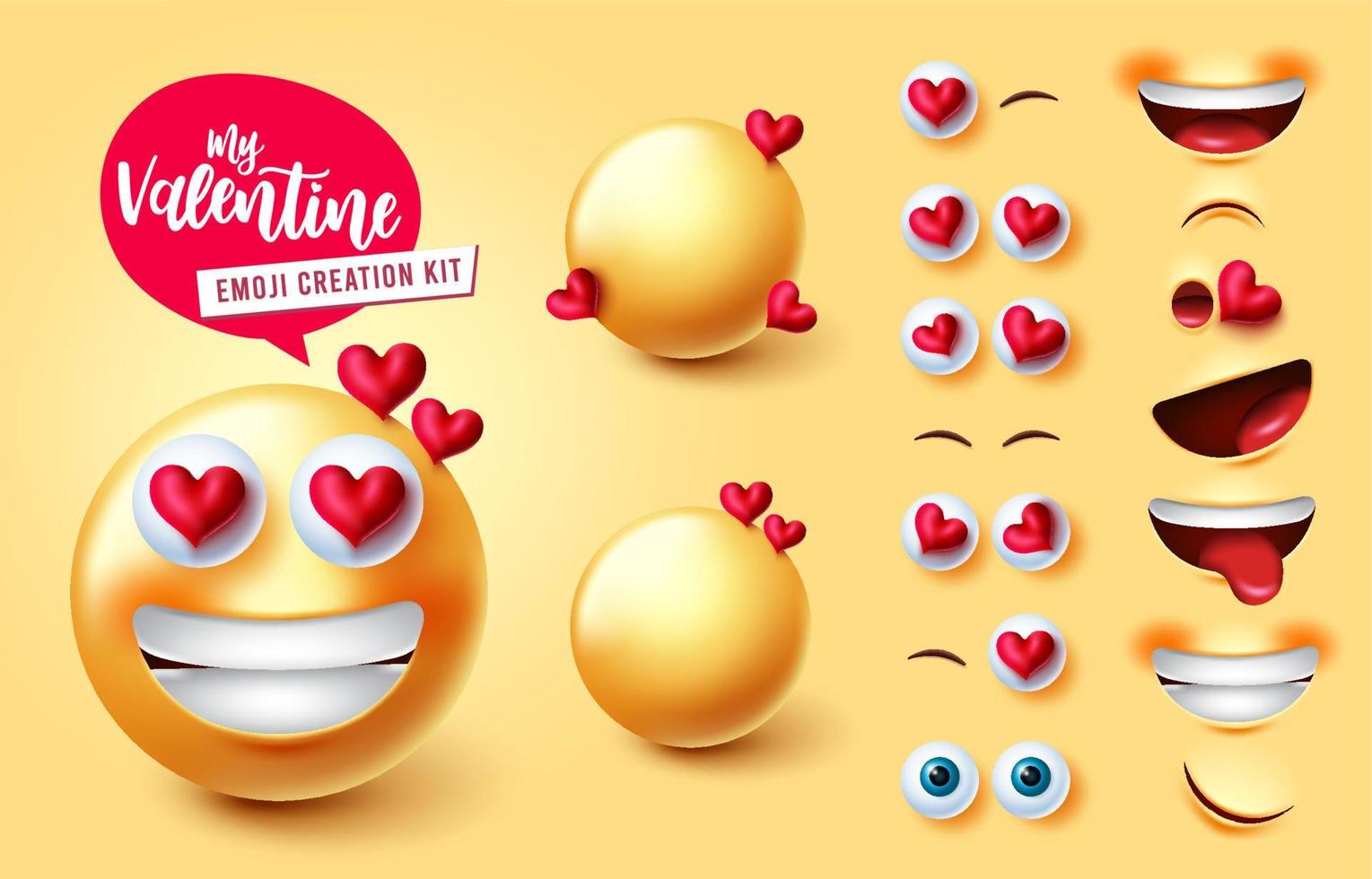 emoji valentine creator vector set. Emojis personajes en 3D con partes de la cara como corazones, ojos y boca editables para el diseño del kit de creación de expresiones faciales de emoticonos de San Valentín. ilustración vectorial.