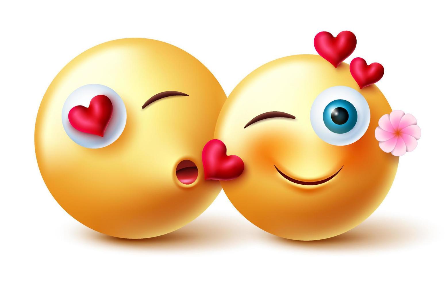 Emojis valentine couple emojis vector design. Inlove 3d emoji emoticon characters in kissing romantic expression and gesture for valentines inlove lover character concept. Vector illustration.