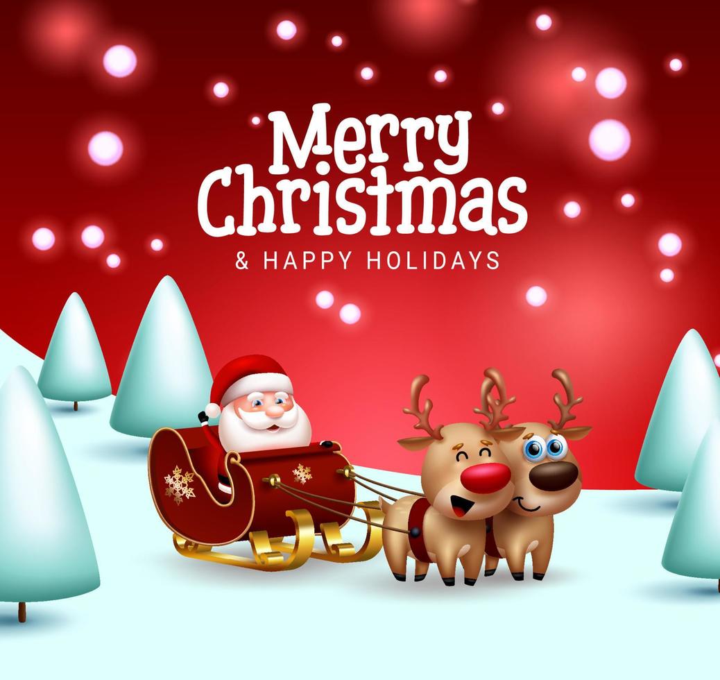 Merry christmas vector design. Merry christmas greeting text with santa claus character riding sleigh in xmas eve for holiday gift giving season. Vector illustration.