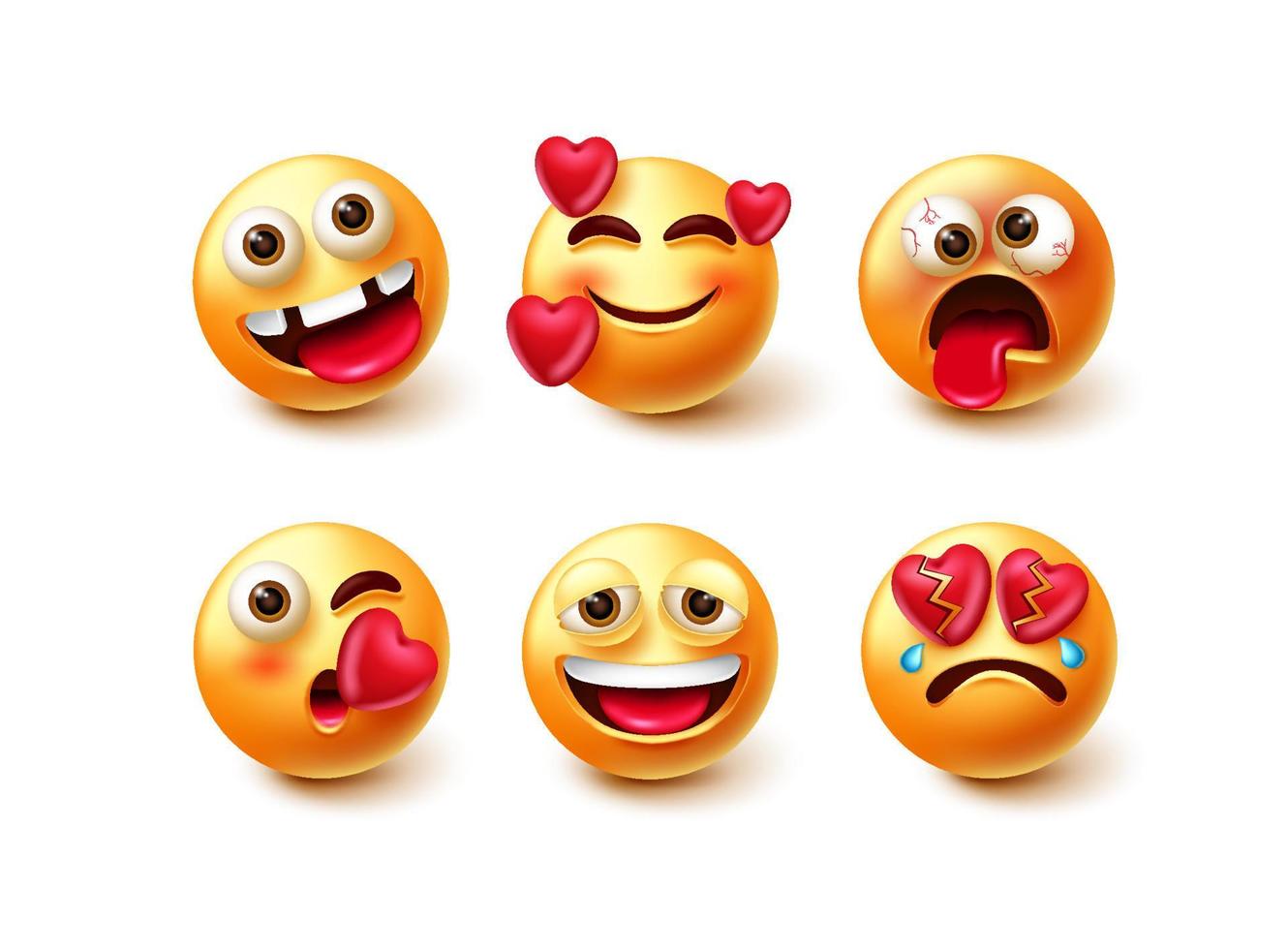 Emoji vector character set. Emoticon 3d characters with crazy, in love, broken and weird face icon expression isolated in white background for avatar collection design. Vector illustration