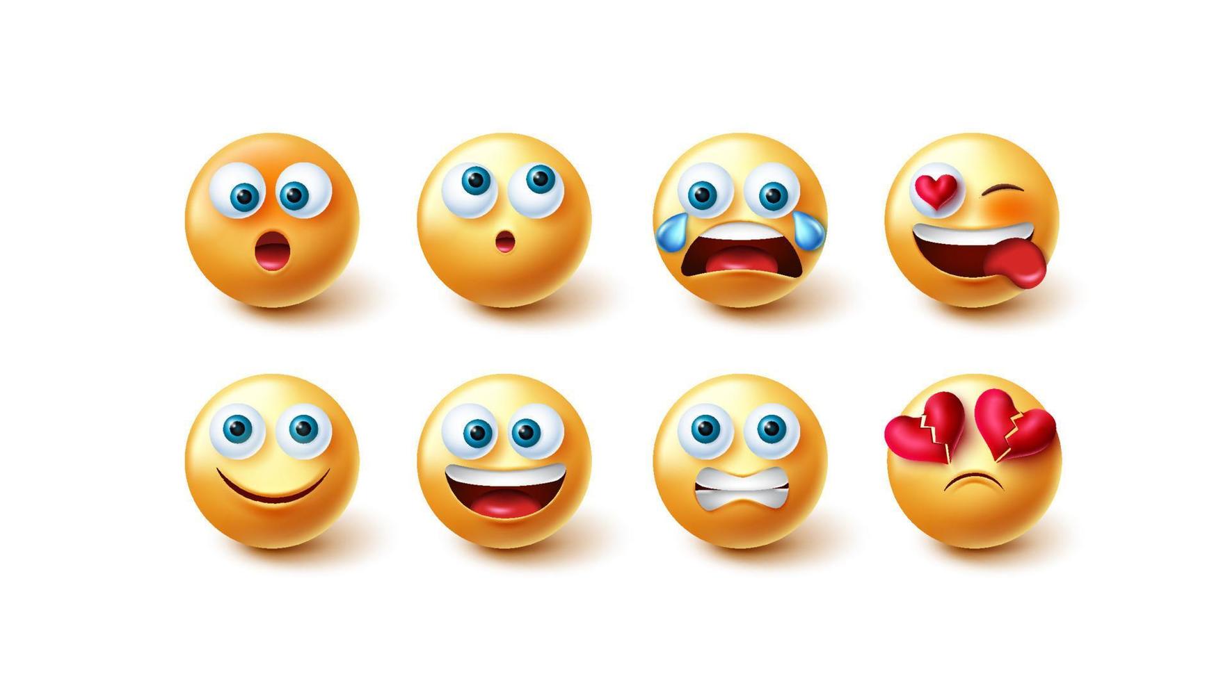 Emoji emoticons vector set. Emojis 3d character in happy and sad facial expressions isolated in white background for cute yellow faces graphic design collection. Vector illustration.