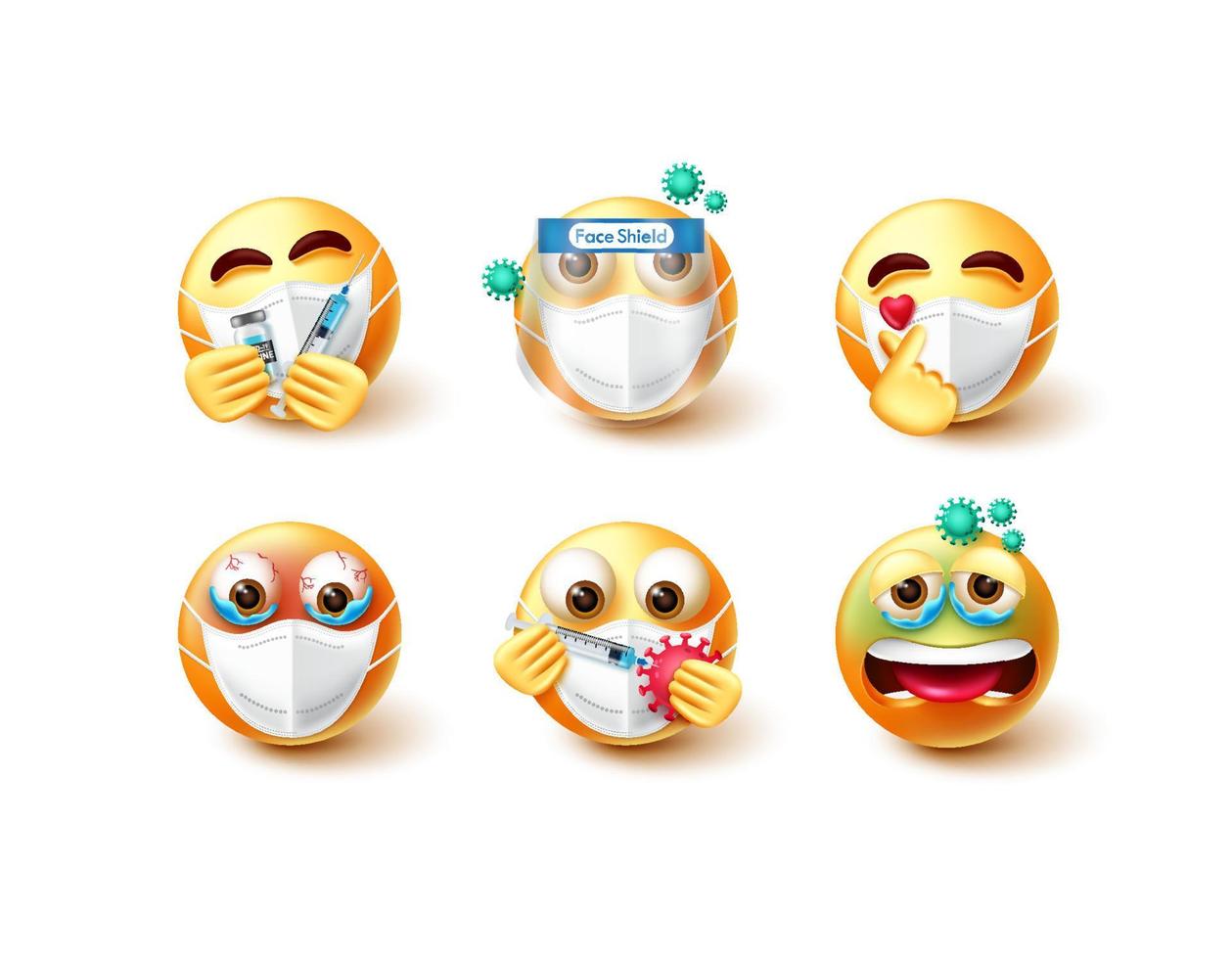 conjunto de vectores emoji covid-19. Emojis personajes 3d en expresión segura y enferma con máscara facial, vacuna y elemento de escudo para el diseño de colección de avatar de protección contra coronavirus. ilustración vectorial