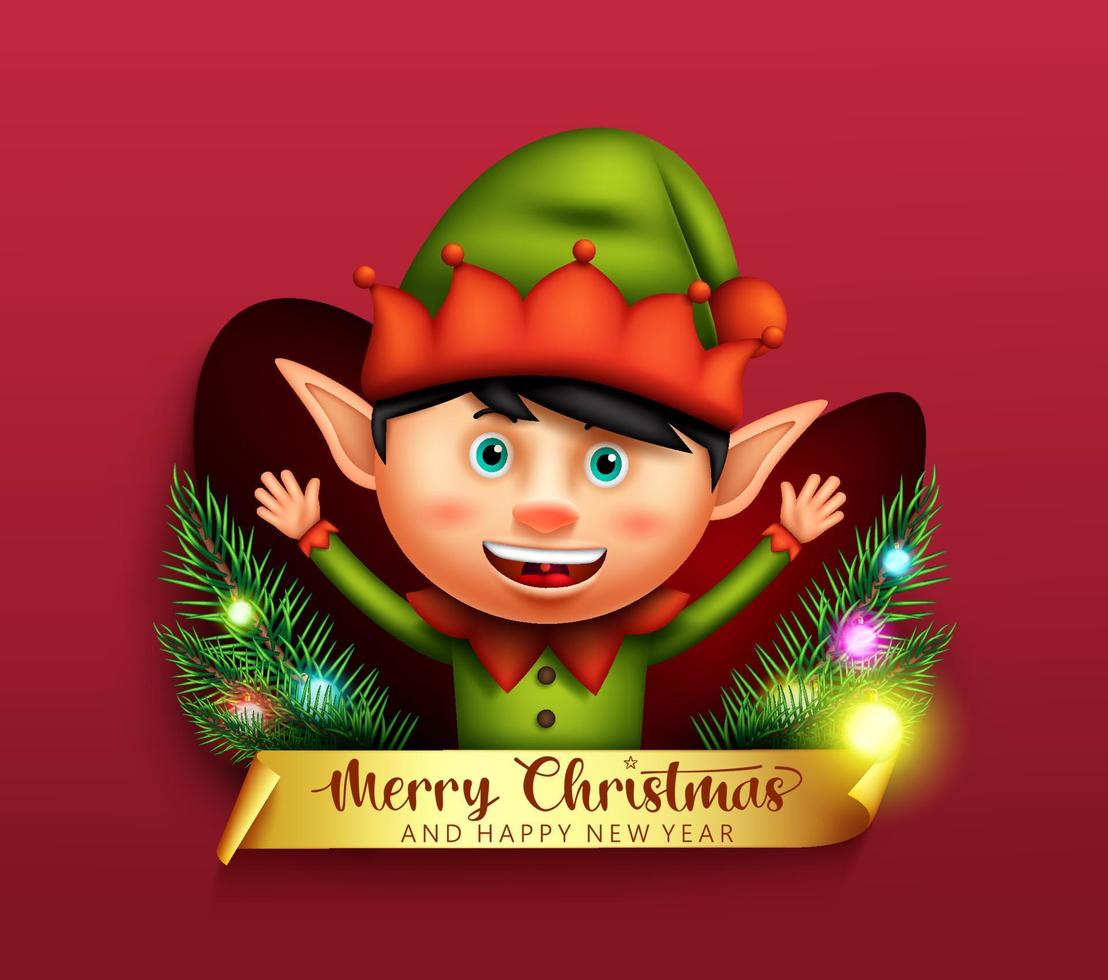 diseño de concepto de vector de duende de Navidad. Texto de saludo de feliz Navidad con carácter de niño elfo amigable y alegre para la tarjeta de la temporada navideña. ilustración vectorial.