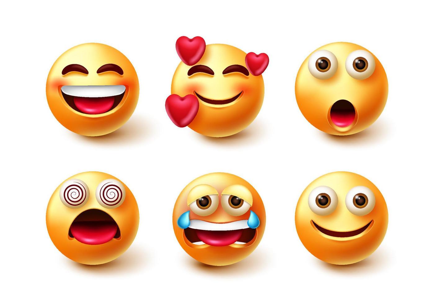 conjunto de caracteres vectoriales emoji. Personajes de emoticonos 3D como expresiones faciales enamoradas, felices, llorando y mareadas aisladas en fondo blanco para el diseño de la colección de emoticonos. ilustración vectorial vector