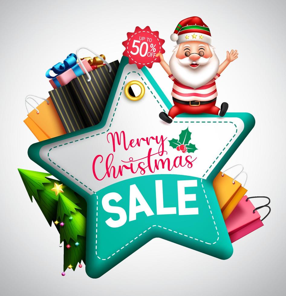 Christmas sale vector design. Merry christmas sale text in price tag star element and santa character with discount for xmas gifts seasonal promo ads. Vector illustration.