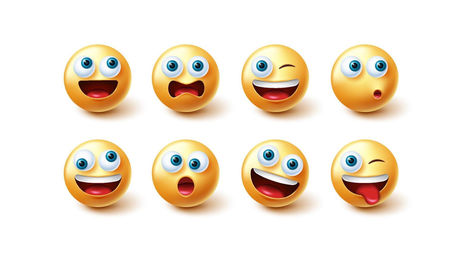 Emoji face vector set. Emoticon happy and naughty face collection isolated in white background for graphic design elements. Vector illustration.