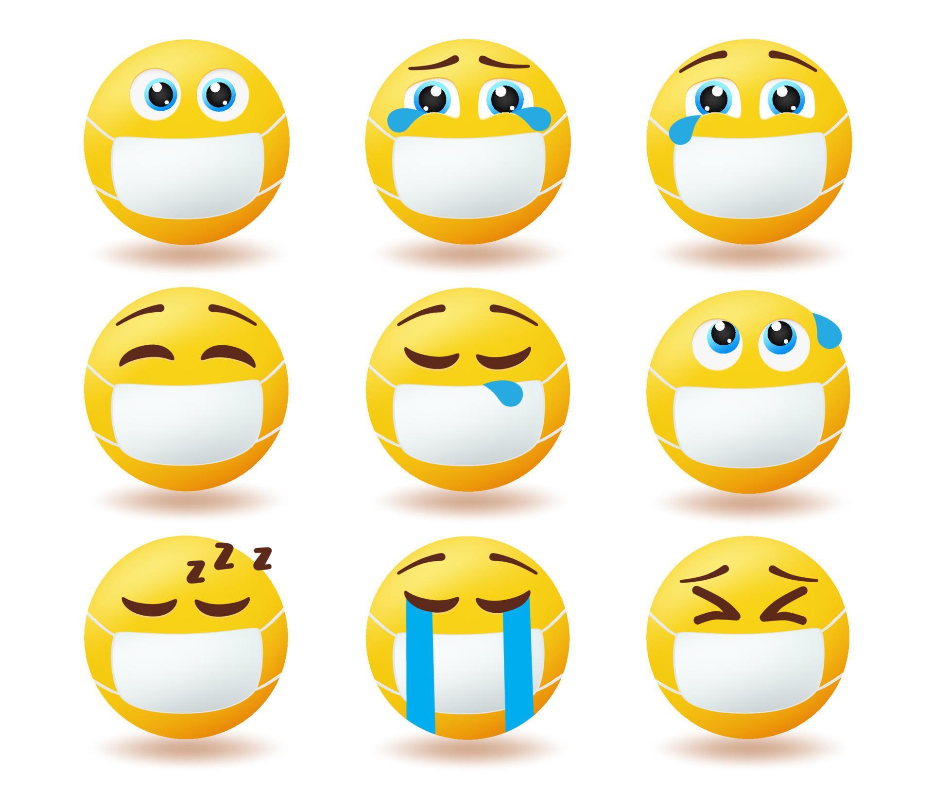 Emojis covid19 protection vector set. Emoticon characters wearing face