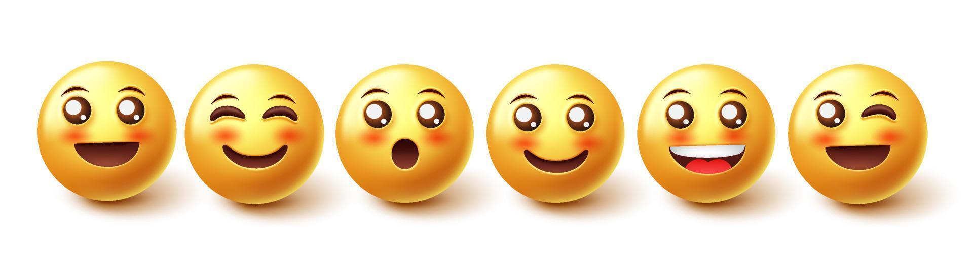 Emoji characters vector set. 3d emojis graphic design in happy, blushing and jolly face expressions isolated in white background for yellow character collection. Vector illustration.