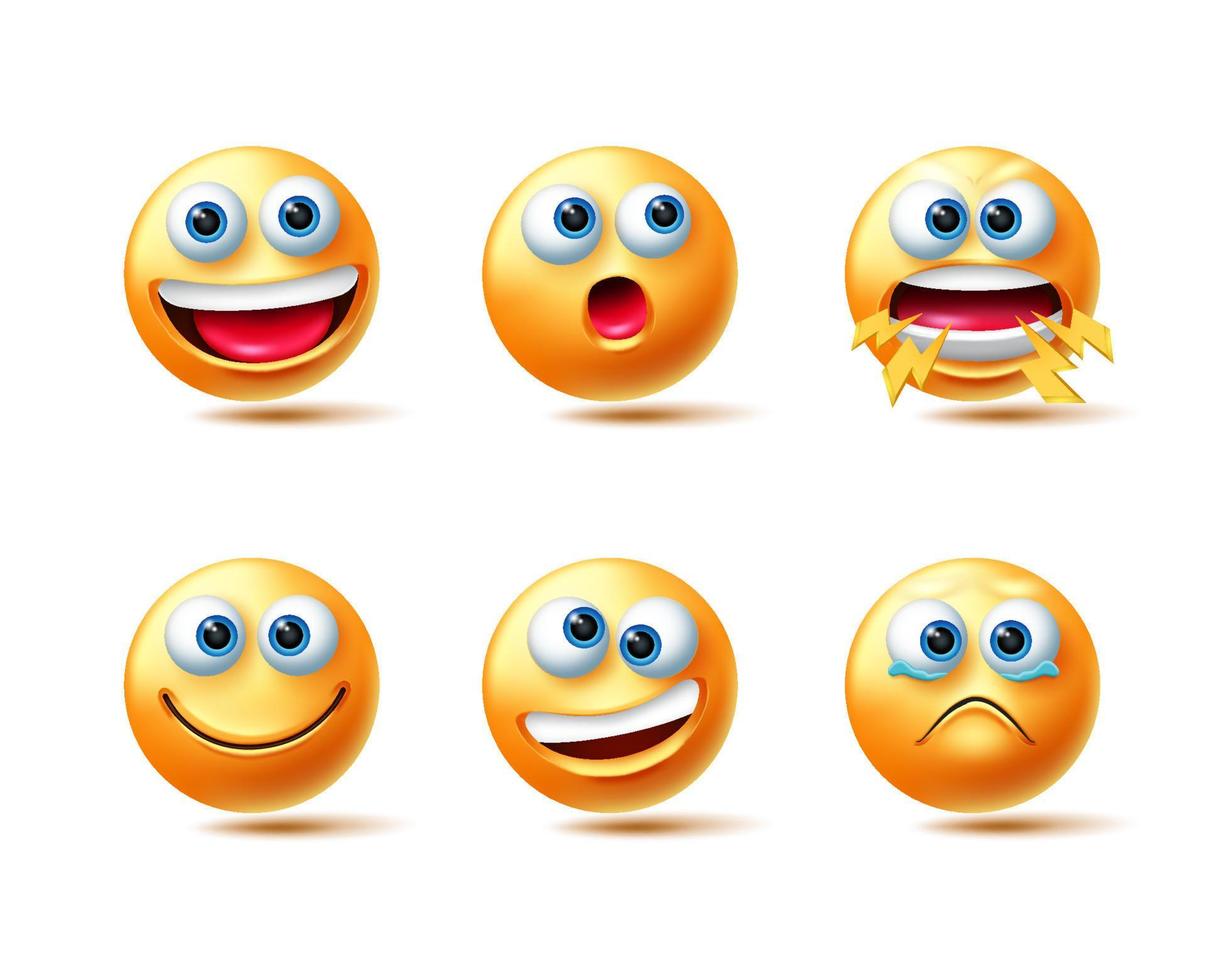 conjunto de caracteres vectoriales emoji. Emoticon 3d con expresiones faciales sonrientes, gritando y con ojos llorosos aislados en fondo blanco para la colección de diseño de emojis. ilustración vectorial vector