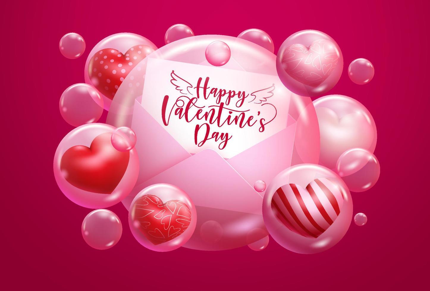 Diseño de fondo de vector de San Valentín. Texto de tipografía de feliz día de San Valentín en tarjeta de felicitación con corazón 3d en elemento de burbuja para el diseño romántico del día de San Valentín. ilustración vectorial