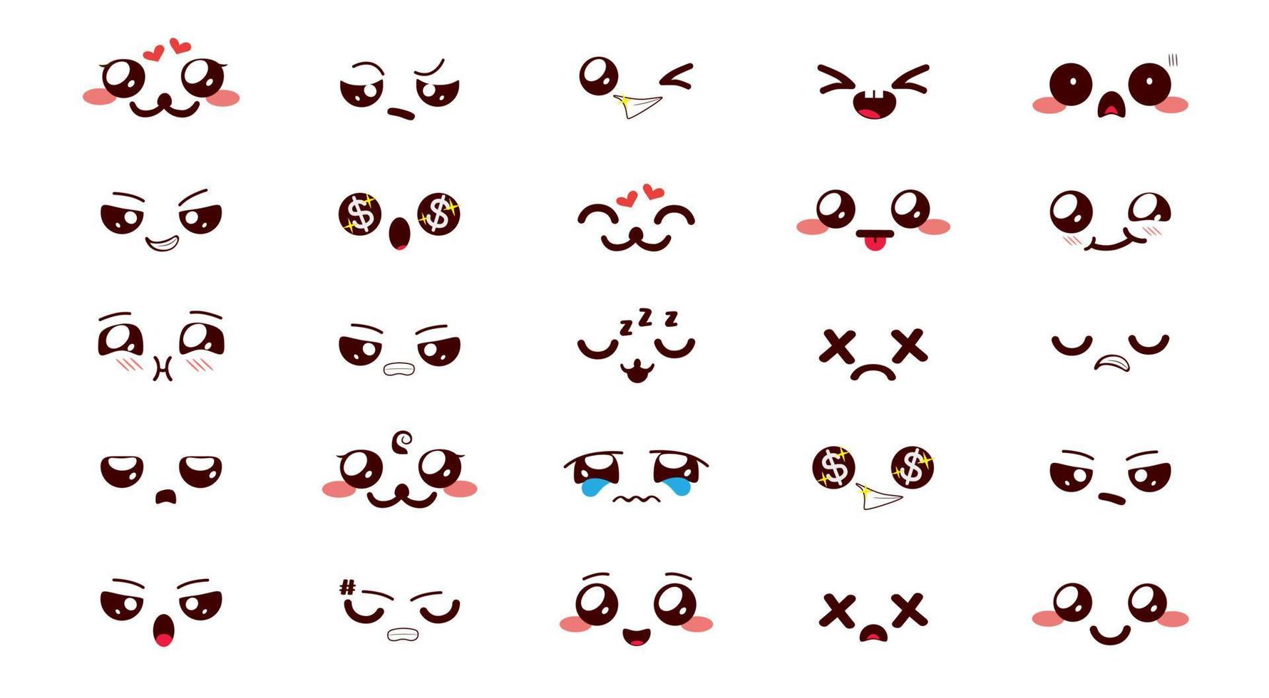 Emoji kawaii emoticon vector set. Chibi character in cute faces ...