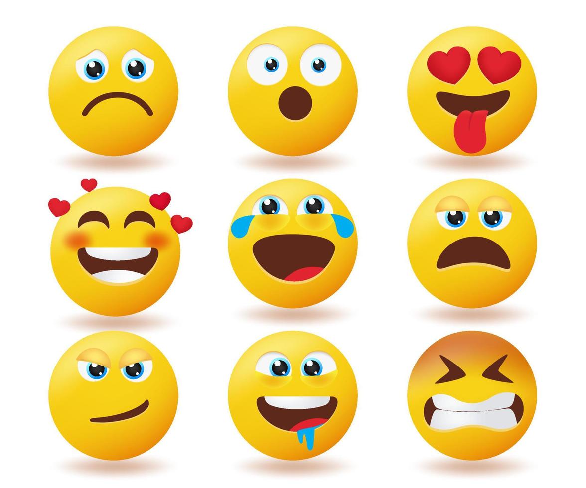 Emoji reaction vector set. Emojis smiley yellow faces collection with facial expression isolated in white background for emoticons face emotion character design. Vector illustration.