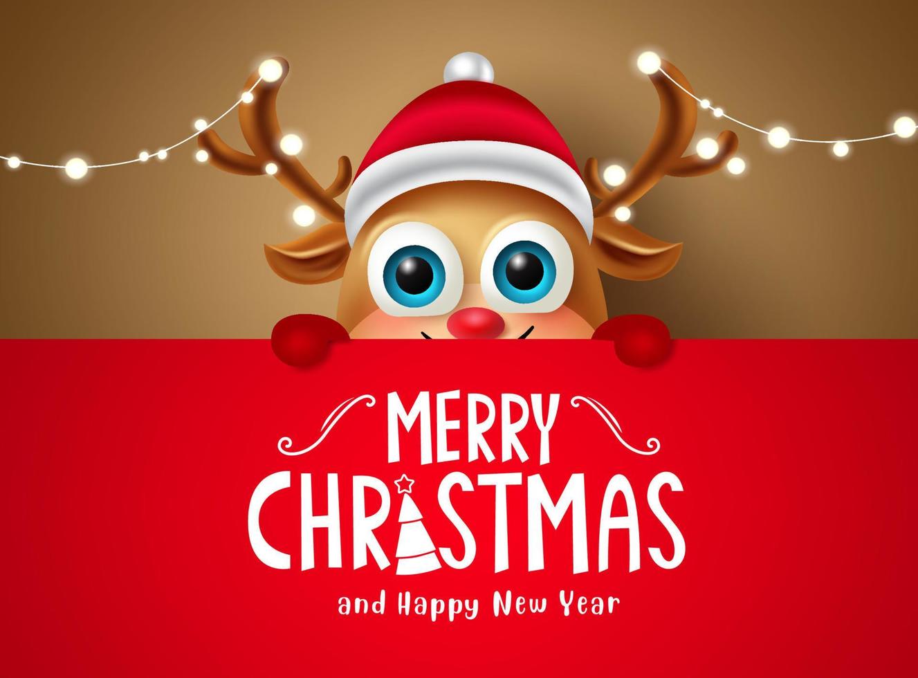 Christmas reindeer character vector template. Merry christmas text in red space for xmas messages with cute reindeer character hiding for greeting card design. Vector illustration.