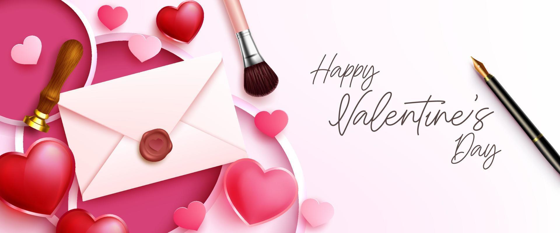 Valentines day letter vector background design. Happy valentine's day text with envelope, stamp, pen and make up brush girly element for invitation in pink decoration. Vector illustration.