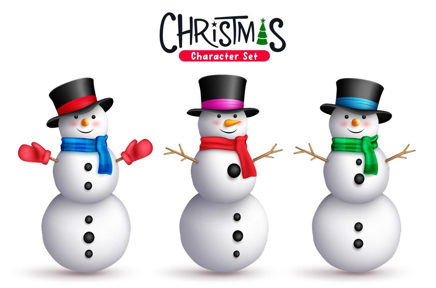 Snowman christmas character vector set. Snow man christmas 3d characters standing with scarf, hat and twig elements for xmas and winter graphic design collection. Vector illustration