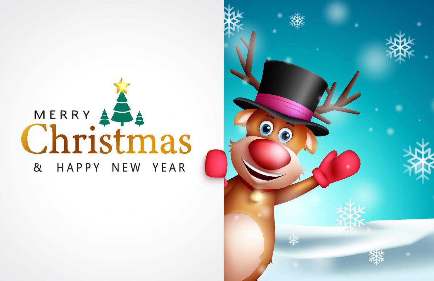 Christmas greeting vector template design. Merry christmas text with waving reindeer character in snowy outdoor for xmas celebration card. Vector illustration