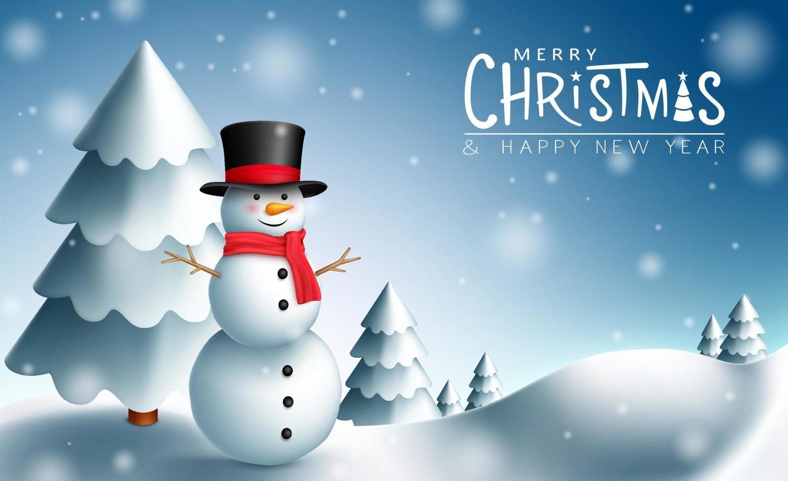 Christmas snowman vector design. Merry christmas greeting text with snowman character and fir tree element in snowy outdoor background for xmas holiday season celebration. Vector illustration