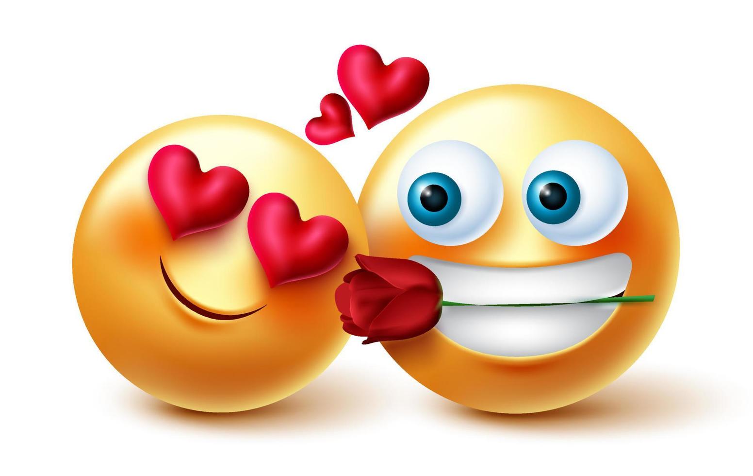 Emoji couple valentine vector design. Emojis 3d lovers concept with rose and hearts elements for valentines anniversary celebration emoticon characters. Vector illustration.