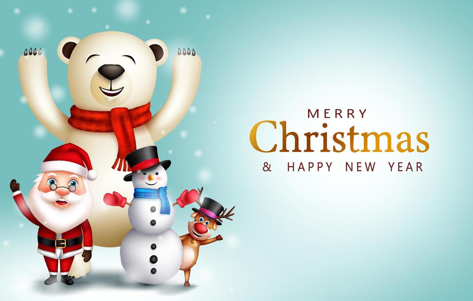 Merry christmas greeting vector design. Merry christmas text with santa claus, bear, snowman and reindeer waving characters for xmas season celebration. Vector illustration
