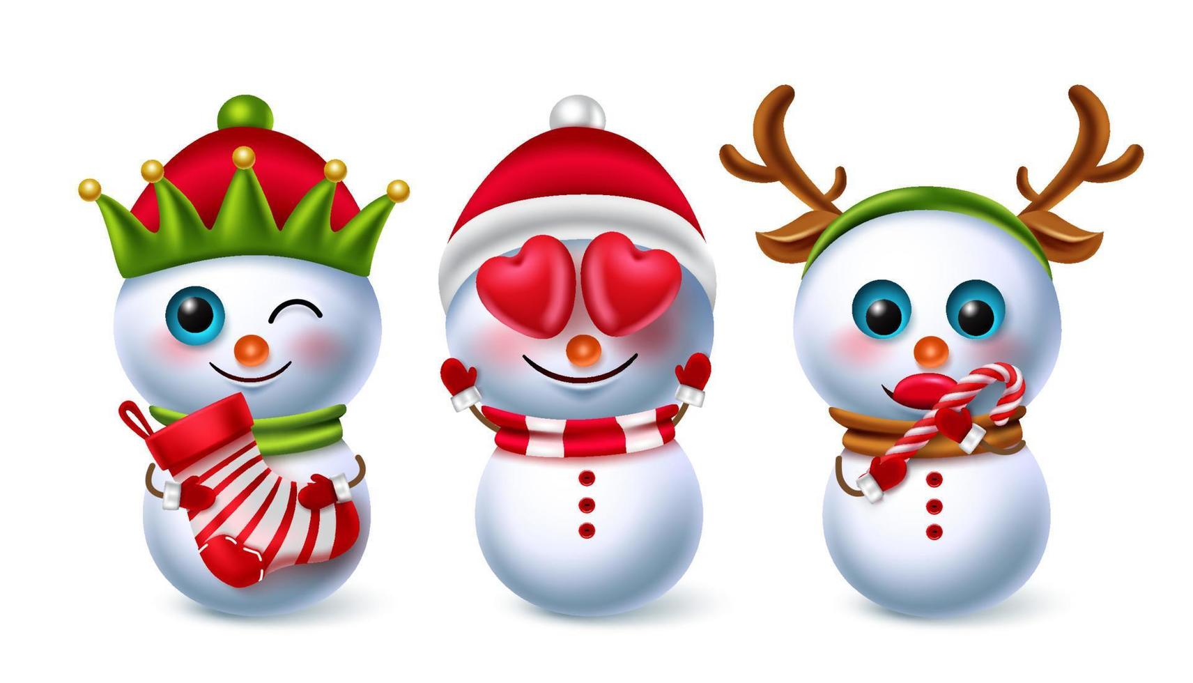 muñeco de nieve navidad personajes vector set. Hombre de nieve lindo personaje enamorado de la expresión facial y comiendo un gesto de bastón de caramelo para el diseño de elementos de la colección de invierno de Navidad en 3D. ilustración vectorial.