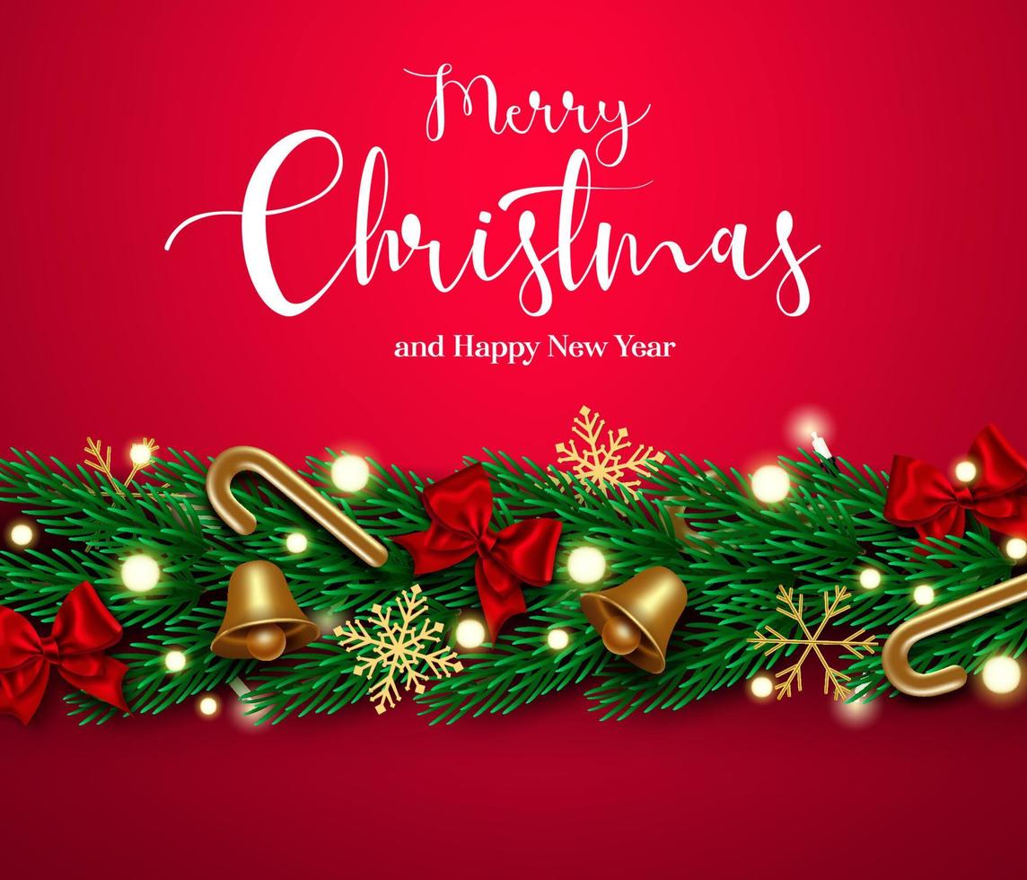 Christmas garland vector design. Merry christmas greeting text with fir branches garland border and colorful xmas decoration of candy cane, ribbon, snow flakes and lights in red background.