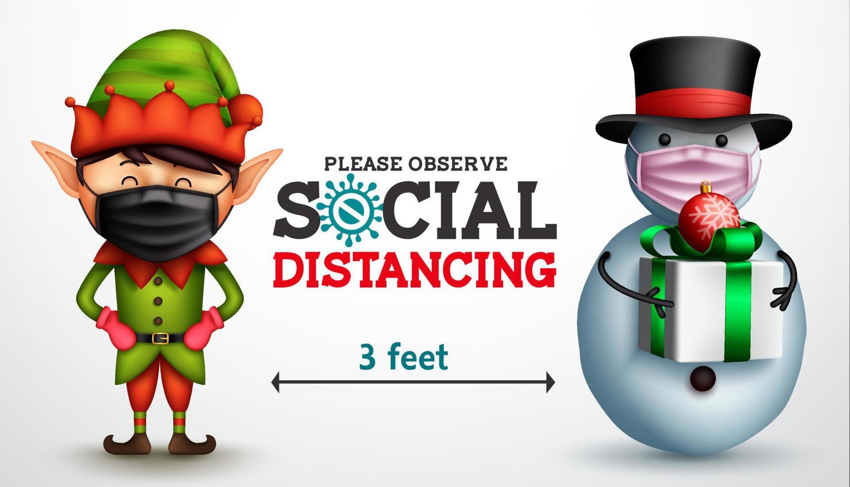 Navidad diseño vectorial de distanciamiento social. Texto de distanciamiento social con personajes elfos y muñecos de nieve en 3D en la distancia con mascarilla para la seguridad y protección de la temporada navideña. ilustración vectorial. vector