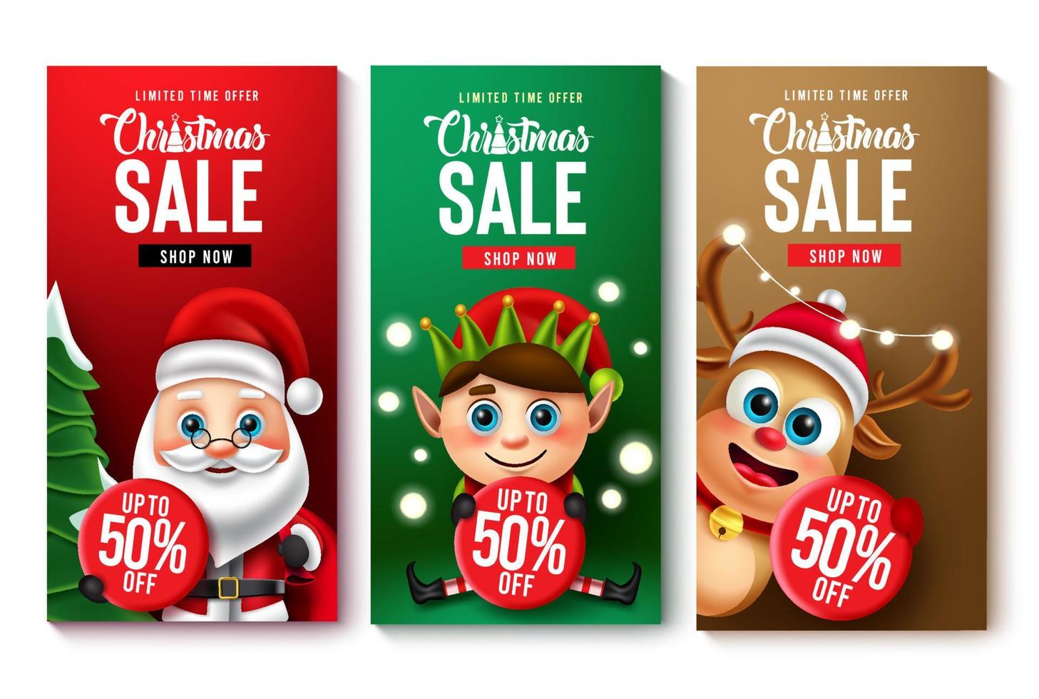 Christmas sale vector poster set. Christmas sale with limited time offer text with santa claus, elf and reindeer characters for xmas promo discount design. Vector illustration.