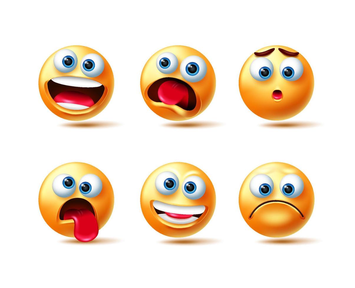 Emoji vector character set. Emojis 3d characters in happy, shocked and sad emotion isolated in white background for emoticons character design collection. Vector illustration