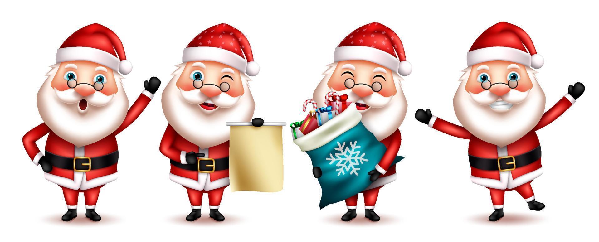 conjunto de vectores de caracteres navideños de santa claus. Personajes de navidad de santa claus 3d con pose de pie y expresión feliz con regalos y elemento de letra para la colección de diseño de navidad.