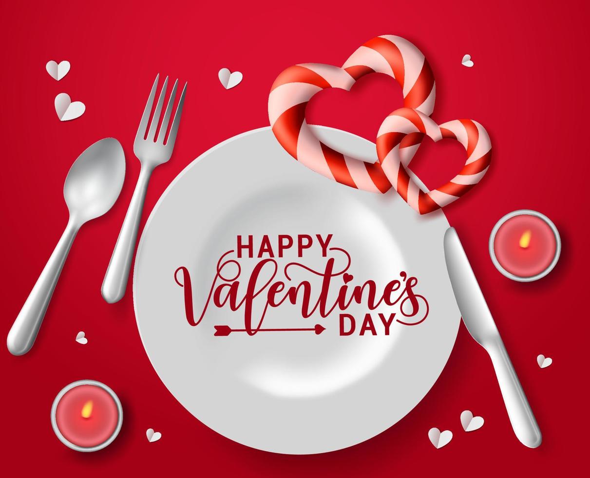 Valentine candle light date vector concept. Happy valentines day typography in white plate with candle light, spoon, fork, knife silverware and hearts shape decoration element for romantic date.