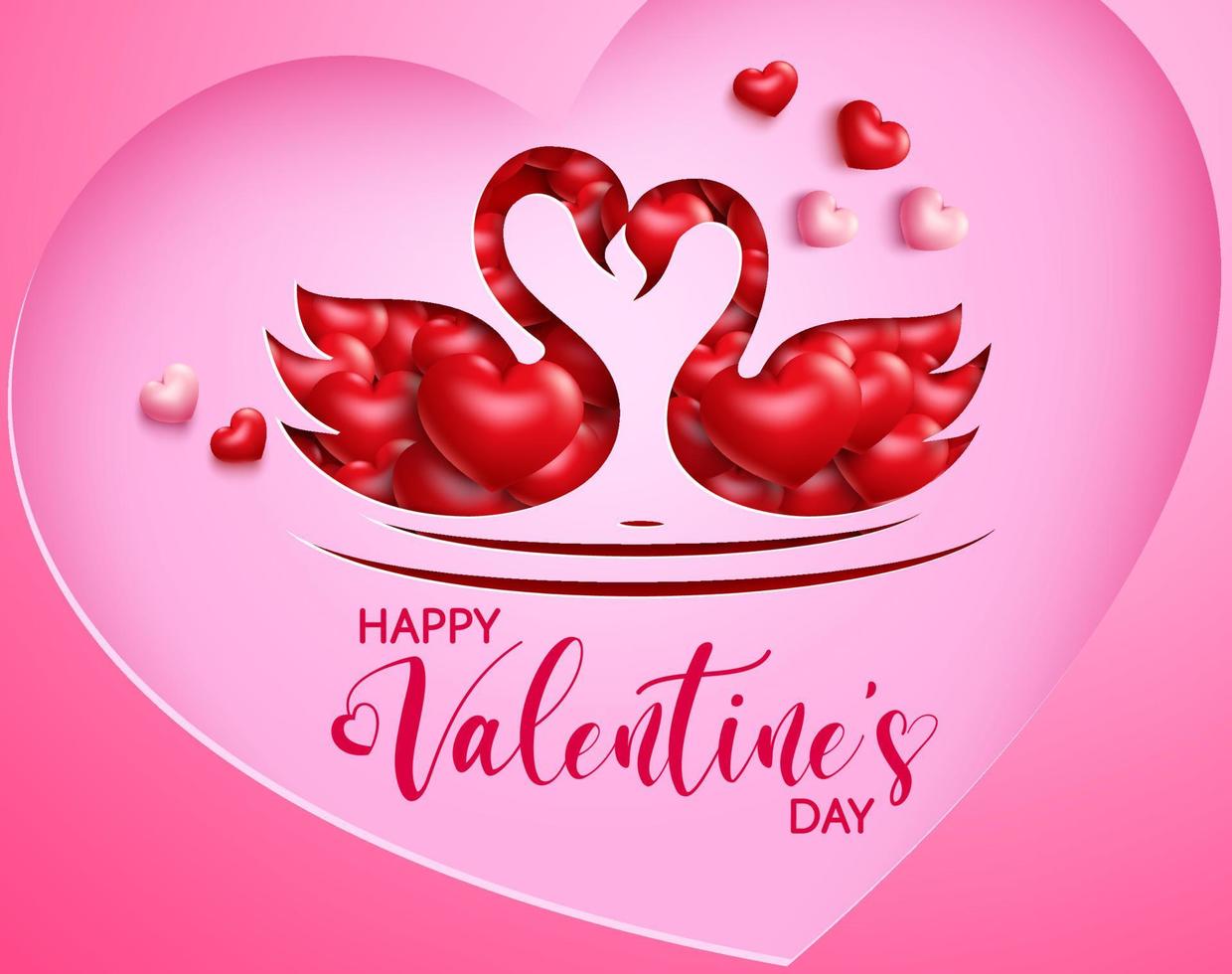 Diseño de fondo de vector de cisne de San Valentín. texto de feliz día de san valentín con amantes de la forma de corte de papel de cisne y elemento de corazones 3d para un diseño de pareja de San Valentín dulce y romántico. ilustración vectorial