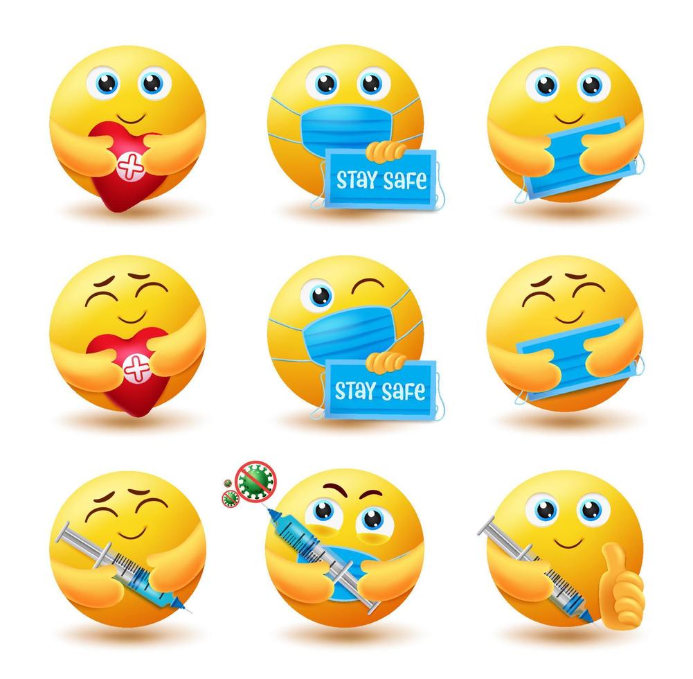 conjunto de vectores emoji covid-19. emojis personajes de emoticonos 3d en expresiones saludables y seguras para mantenerse a salvo y un nuevo diseño de colección de avatares de campaña normal. ilustración vectorial