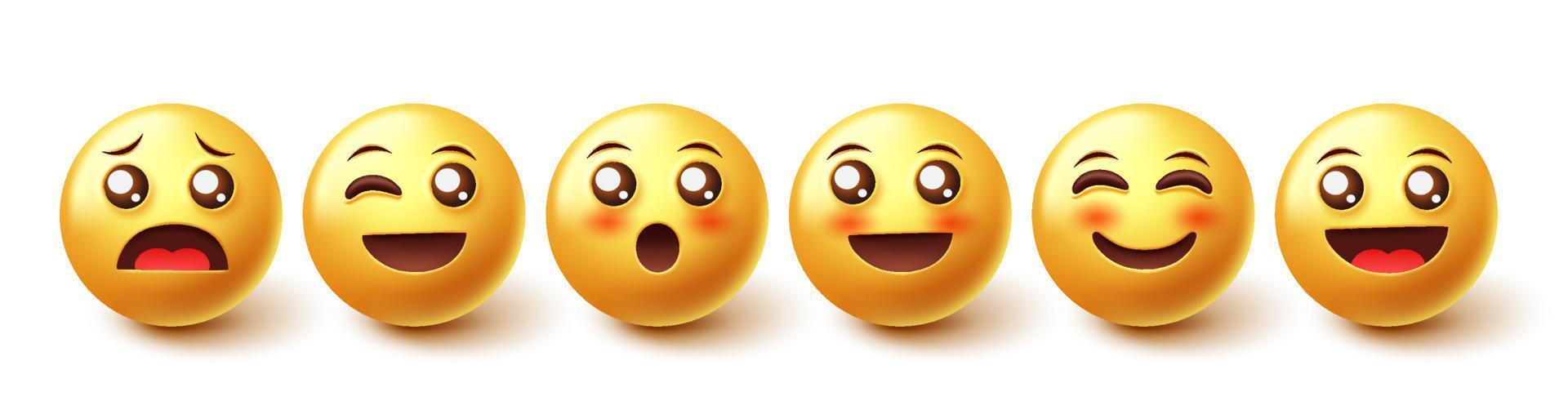 Emoji characters vector set. Emojis happy characters in 3d graphic design isolated in white background for emoticons facial mood and expression collection. Vector illustration.