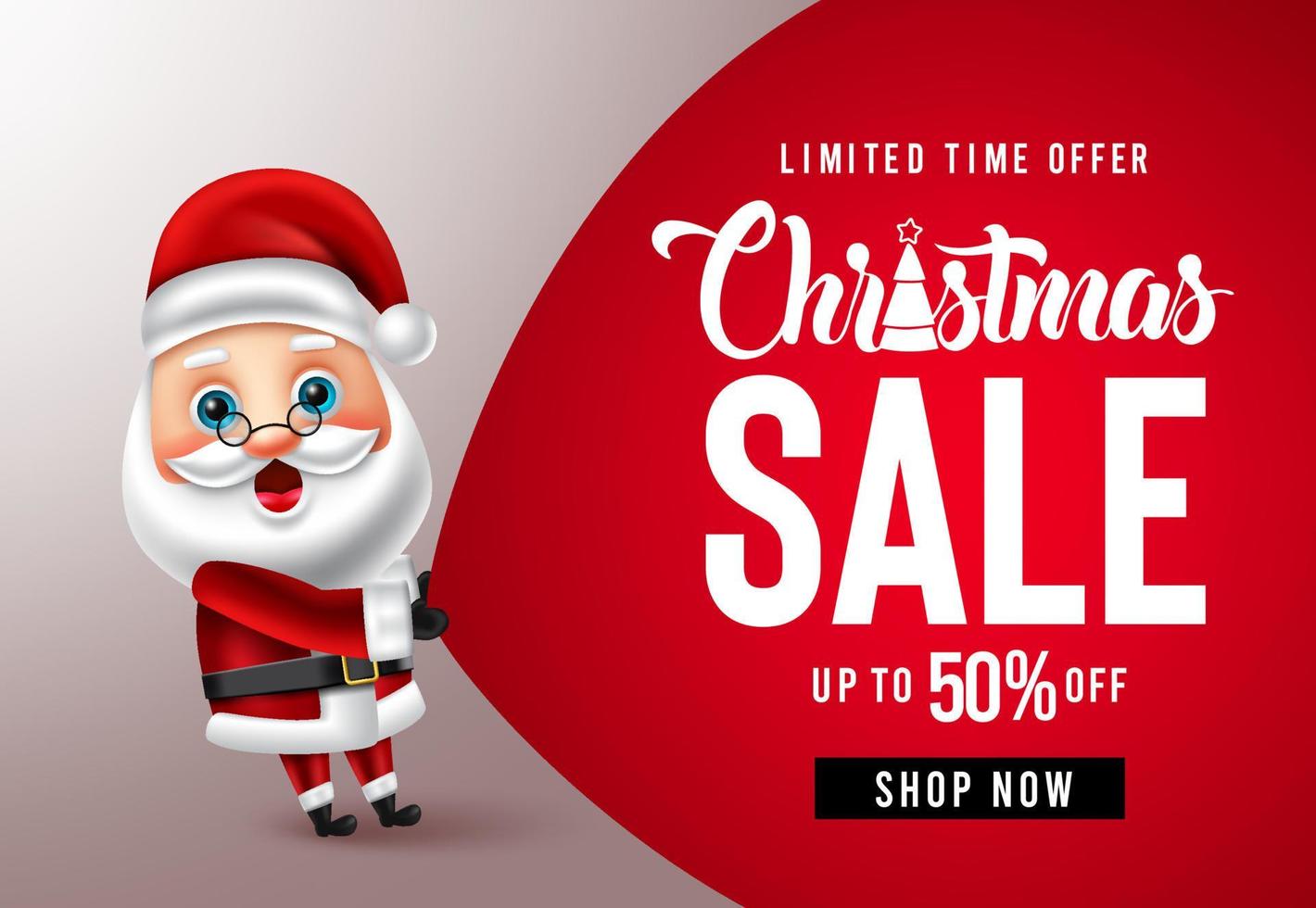 Venta de Navidad diseño de banner de vector de santa. texto de venta navideña con descuento promocional de oferta por tiempo limitado y carácter de santa claus para la promoción de compras navideñas. ilustración vectorial.