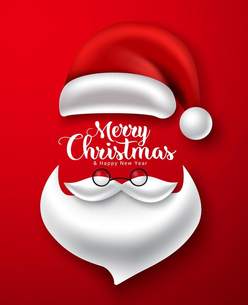 Christmas santa element vector design. Merry christmas text with santa claus hat, beard, mustache and glasses element in red background for creative holiday greeting card. Vector illustration