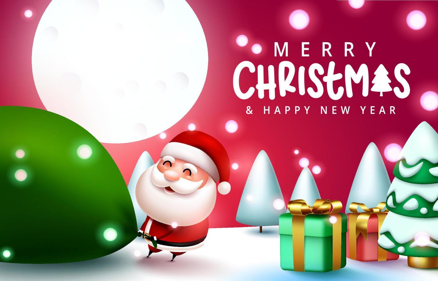 Christmas greeting vector design. Merry christmas text with santa claus character, sack and gifts element for xmas eve celebration. Vector illustration