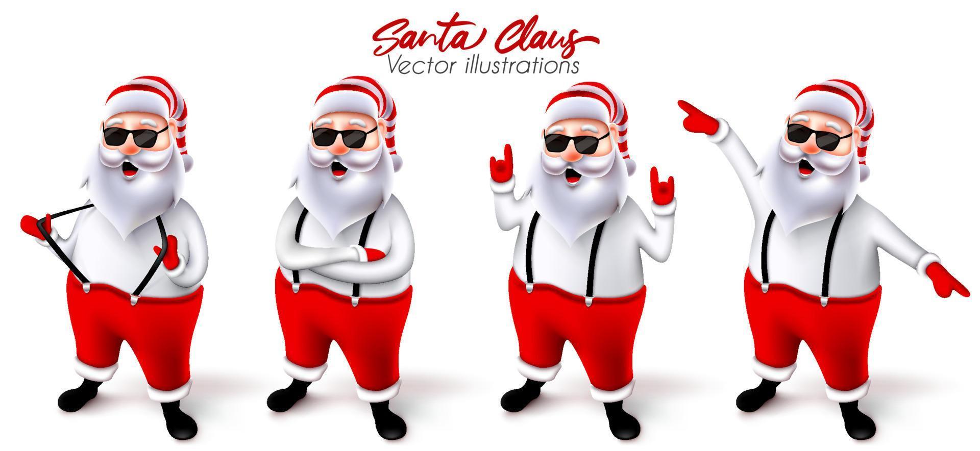 Santa claus christmas character vector set. Santa claus 3d characters in cool and jolly pose with rock n roll and dancing gestures for cute xmas collection design. Vector illustration.