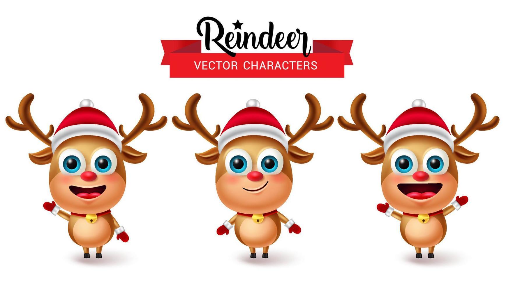 Reindeers christmas vector characters set. Reindeer character in cute facial expressions like friendly and happy for 3d xmas holiday element collection design. Vector illustration.