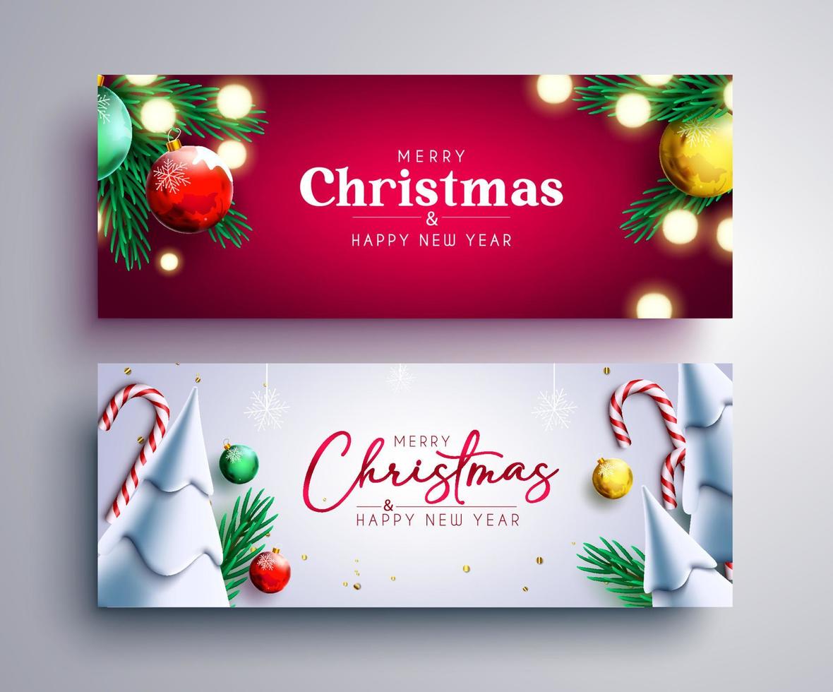 Christmas vector banner set. Merry christmas greeting text with xmas decoration elements like gifts, balls and leaves for holiday celebration card design collection. Vector illustration
