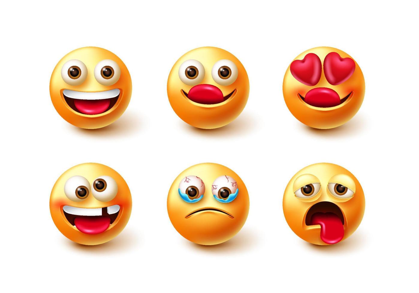 conjunto de caracteres vectoriales de emoticonos. Emoji personaje 3d aislado en fondo blanco con emoticonos de emoción de ojos felices, locos, enamorados y llorosos para la colección de diseño de emojis. ilustración vectorial vector