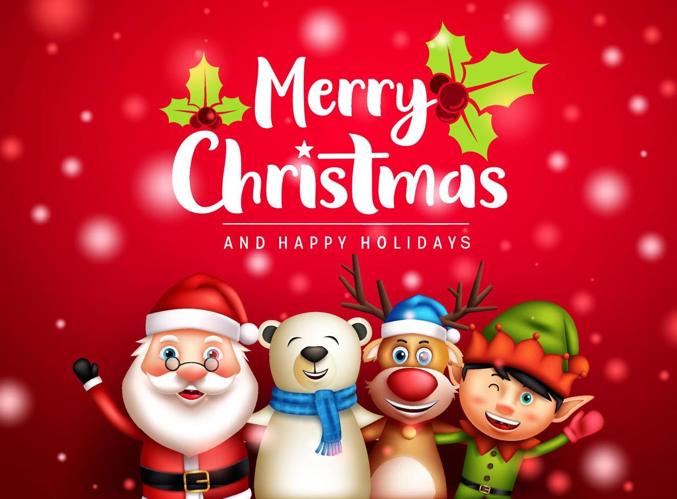 Christmas greeting characters vector design. Merry christmas text with santa claus, elf, polar bear and reindeer friends xmas character for happy holiday season design. Vector illustration.