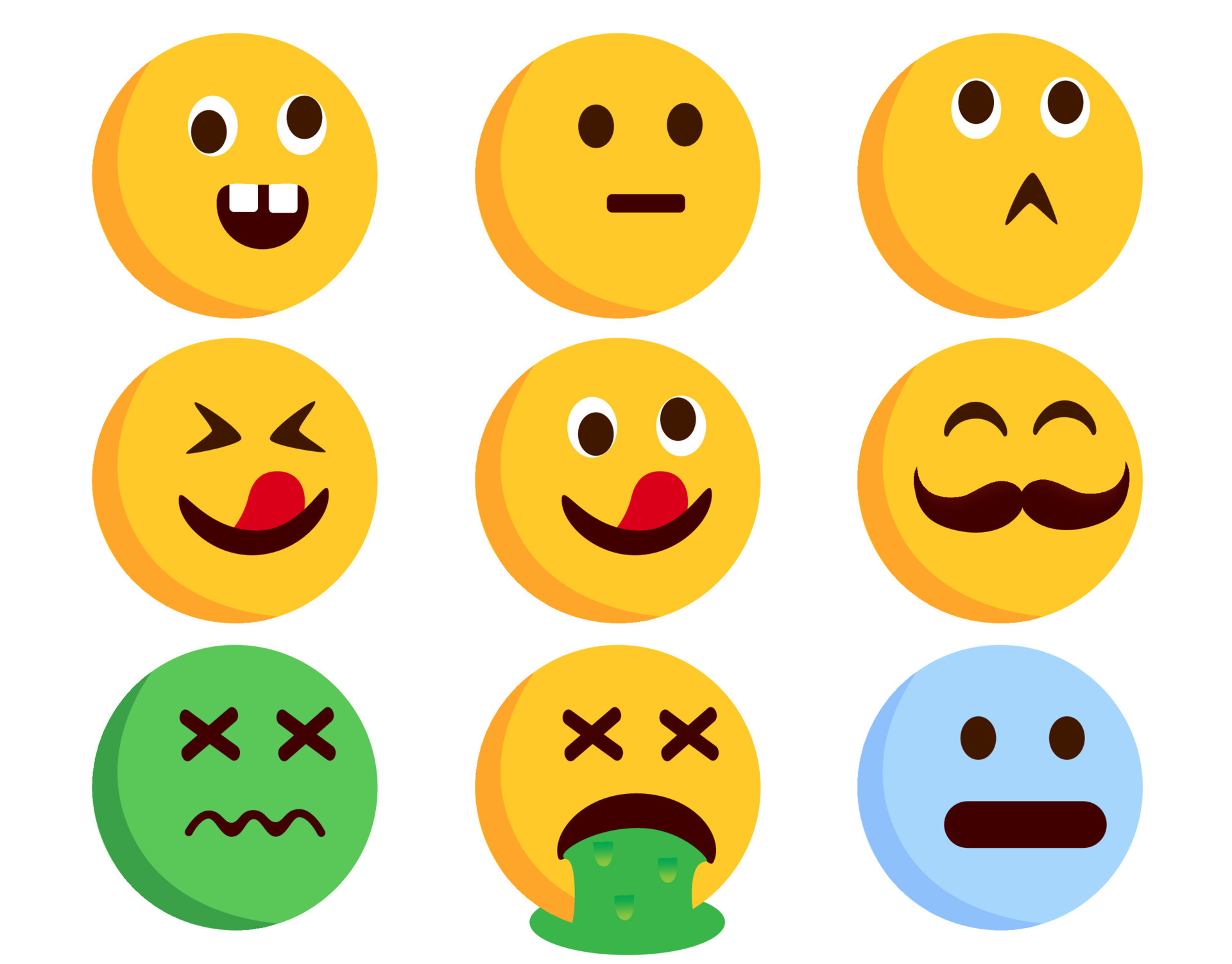 Emoticon character vector set. Emoticons flat characters in crazy, sick,  vomit and weird facial expressions for funny emoji collection design.  Vector illustration. 4852785 Vector Art at Vecteezy